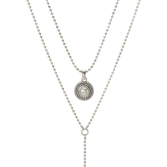 Women's Silver Pearl Necklace Double-Layered Y-Shaped Faux-Pearl Pendant - Picture 1 of 4